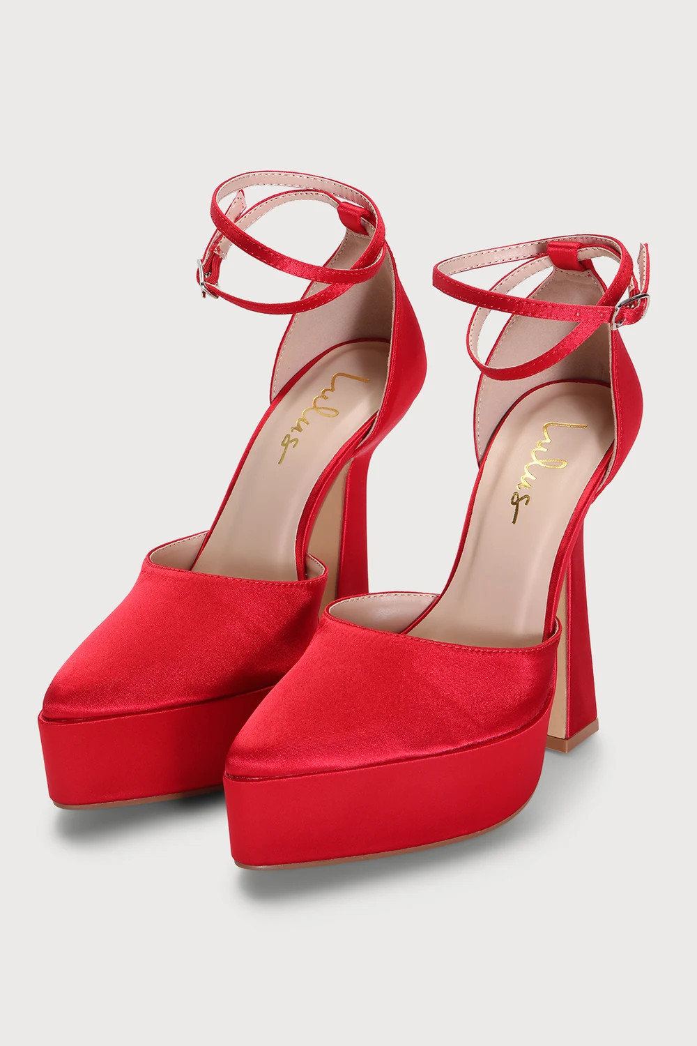Galana Red Satin Platform Pointed-Toe Ankle Strap Pumps | Lulus (US)
