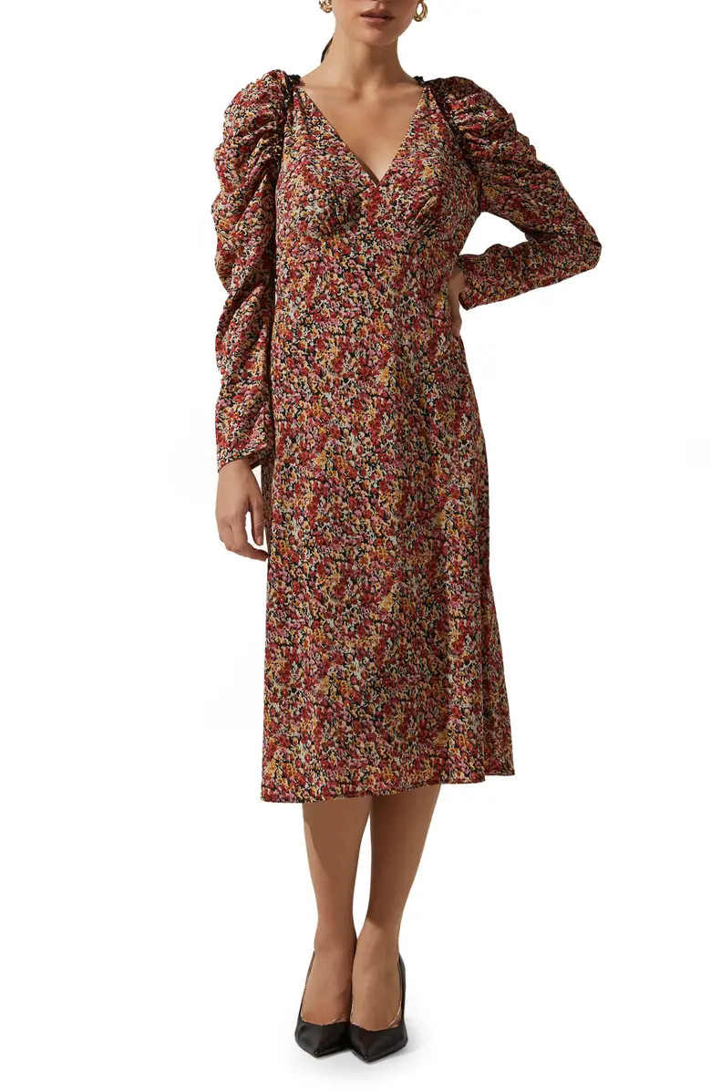 Floral Ruched Long Sleeve Midi Dress | Nordstrom