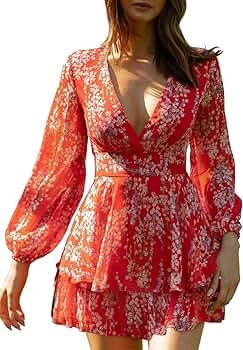 Dokotoo Womens 2022 Summer Spring V Neck Ruffle Chiffon Elegant Tie Knot Mini Short Swing Skater ... | Amazon (US)