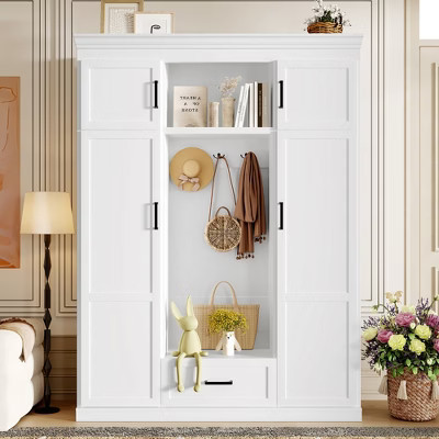 TiramisuBest 85.2''H Hall Tree with Bench and 3 Hooks, Modern Entryway Storage Organizer Cabinet with 4 Doors, 1 Drawer and Adjustable Shelves | Target