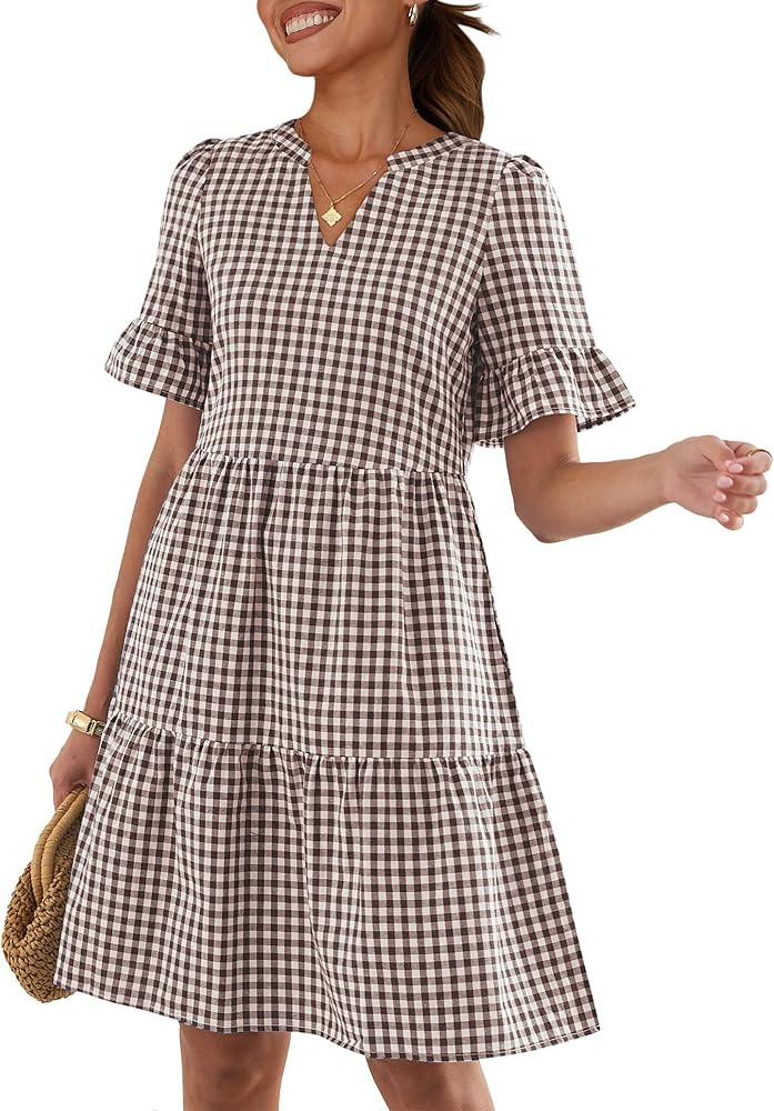 Caracilia Dresses for Women Summer 2026 Striped V Neck Ruffle Sleeve A Line Tiered Flowy Casual M... | Amazon (US)