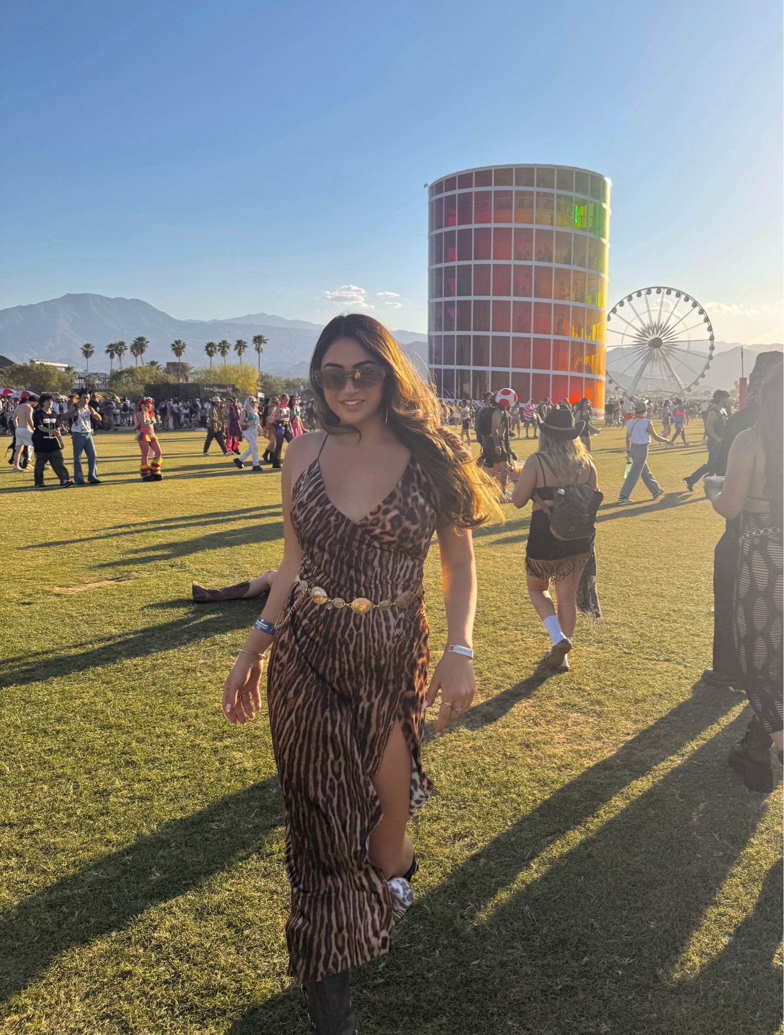 Festival outfit that you need! 🫶Worn at Coachella Music Festival. The most perfect cheetah dress worn with accessories from Amazon. Biker boots are also so comfortable, walked 30,000 steps a day in them without blisters! 

#festivaloutfit #festivaldress #cheetahdress

#LTKTravel #LTKStyleTip #LTKFestival