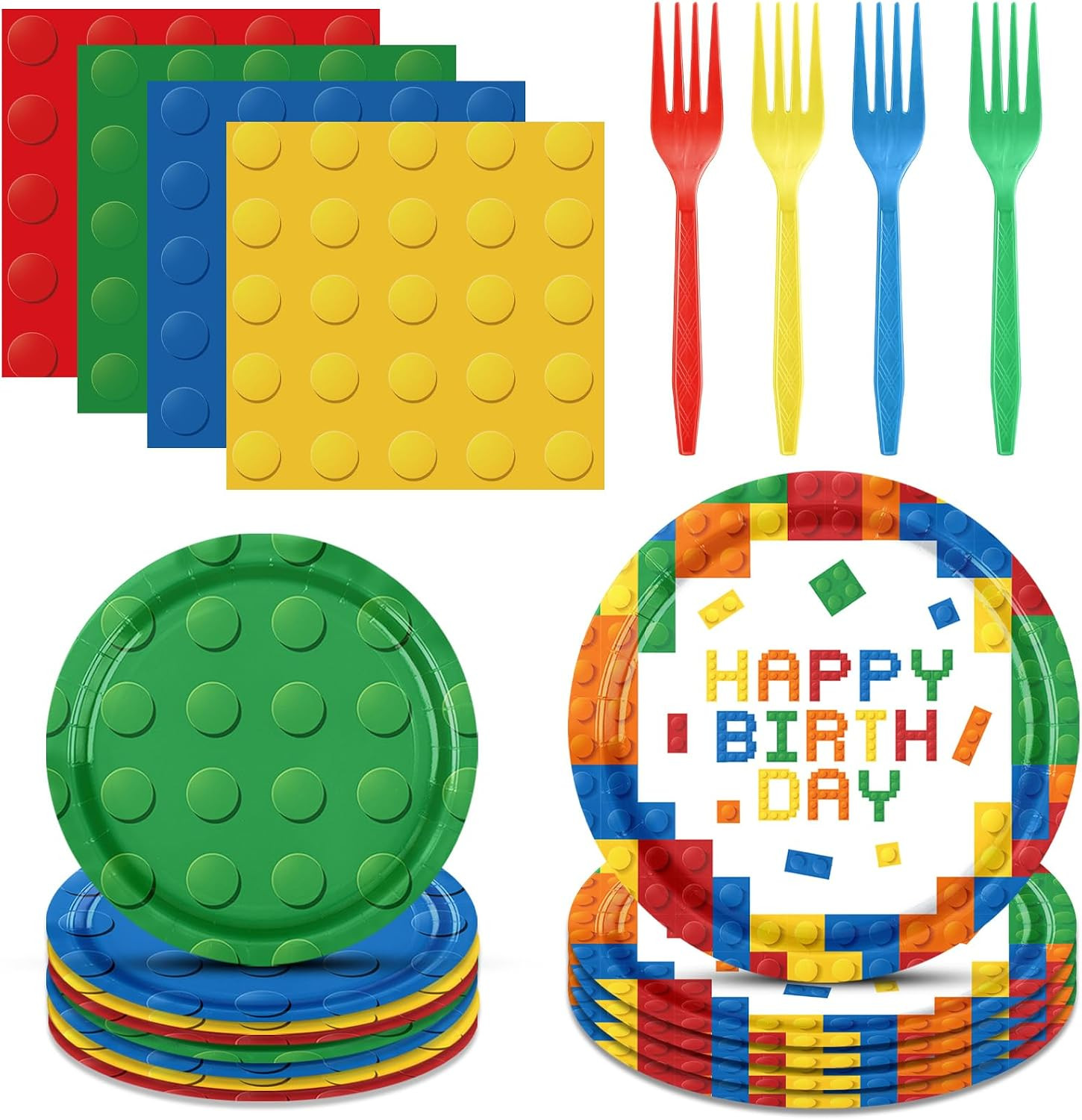 96PCS Building Blocks Birthday Party Supplies Building Blocks Themed Party Decorations Colorful Paper Plates Napkins Forks Set for Boys Kid’s Birthday Party Decor | Amazon (US)