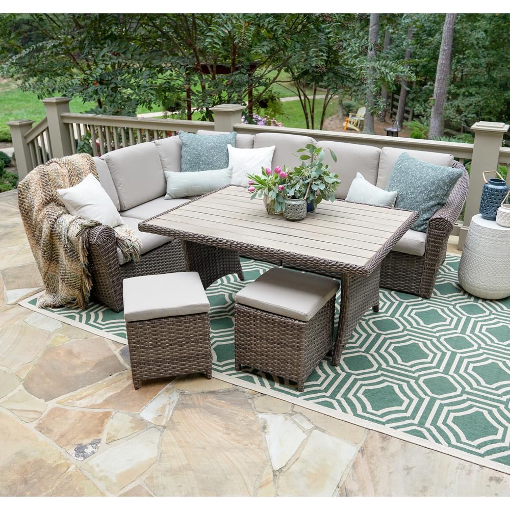Leisure Made Walton 7-Piece Wicker Outdoor Sectional with Tan Cushions-515562-TAN - The Home Depo... | The Home Depot