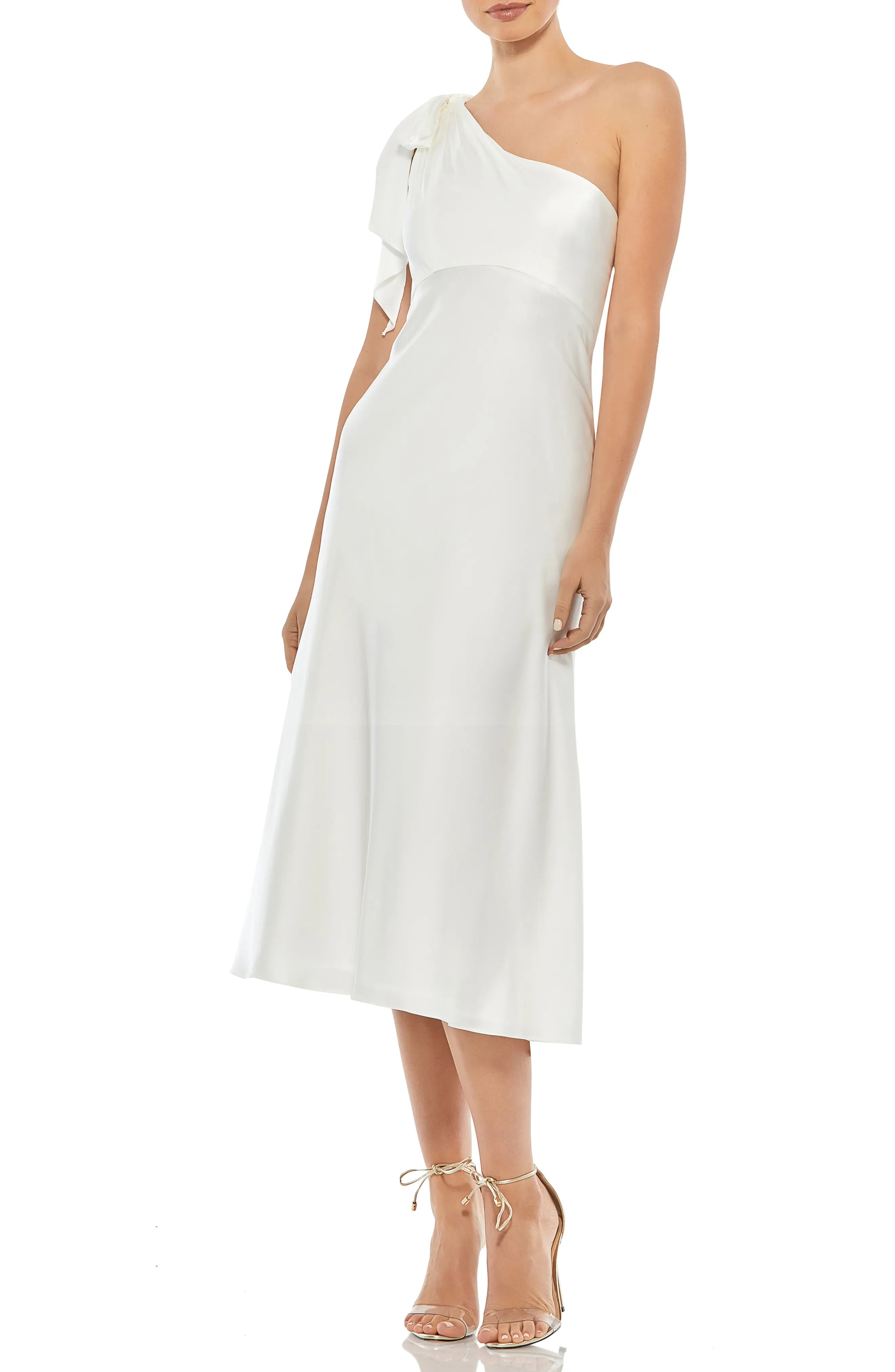 Mac Duggal One-Shouder Bow Satin Midi A-Line Dress in White at Nordstrom, Size 4 | Nordstrom