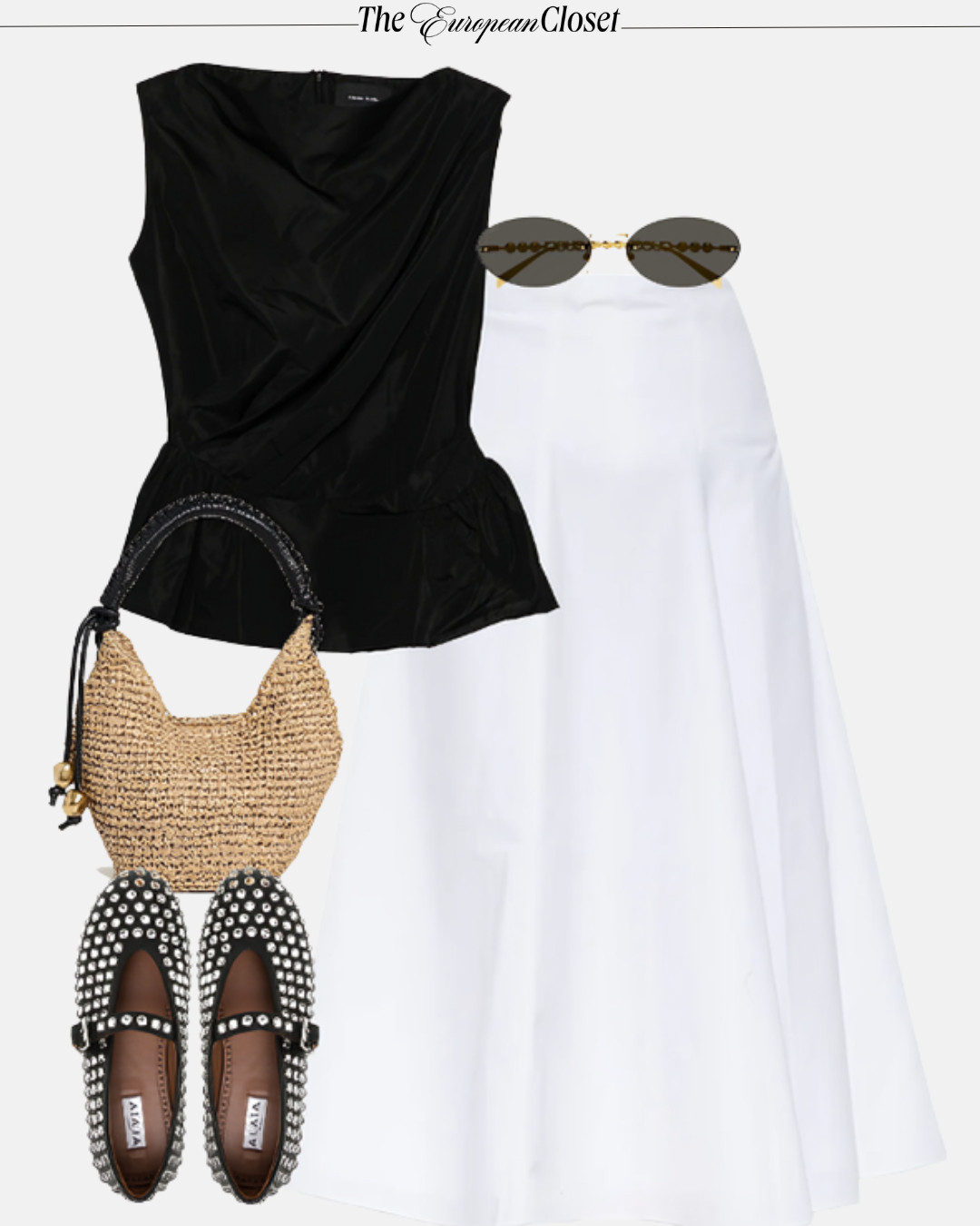 old money summer outfit idea #oldmoney #summeroutfit #oldmoneysummeroutfit #oldmoneyoutfit #whiteskirt #midiskirt #blacktop #balletflats #strawbag #gucci #madewell #alaia #jacquemus #simonerocha  

 #LTKSeasonal #LTKU #LTKStyleTip