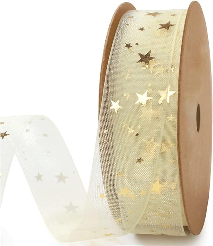 Holijolly Gold Star Sheer Ribbon - Snow Yarn Ribbon for Birthday, Wedding, Christmas - 3/4 inch x... | Amazon (US)