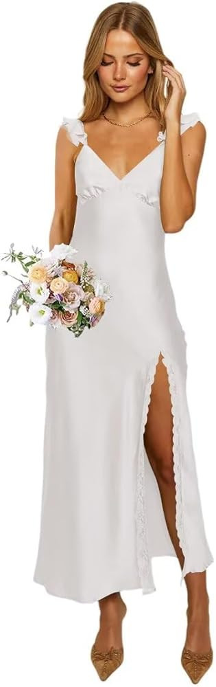 Loyeloy Women's V Neck Satin Bridesmaid Dresses with Lace Slit 2025 Flutter Seeves Aline Formal E... | Amazon (US)