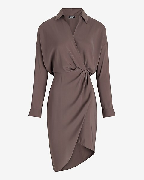 V-Neck Surplice Asymmetrical Mini Portofino Shirt Dress | Express