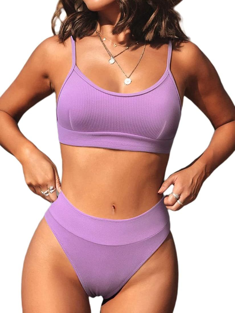 Hilinker Women's Ribbed Knit Bikini Swimsuits High Waisted 2 Piece Bathing Suit | Amazon (US)