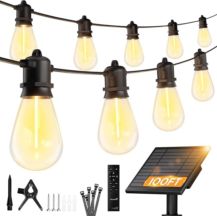 Minetom 100FT Solar-String-Lights-Outdoor-Waterproof, 31+2LED S14 Shatterproof Bulb, Patio Lights... | Amazon (US)