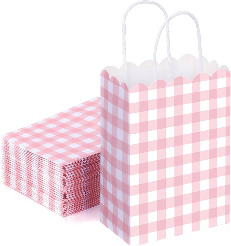 Houuqe 36 Pcs Gingham Party Supplies Pink Gift Bag with Handles Scalloped Pink and White Plaid Pa... | Amazon (US)