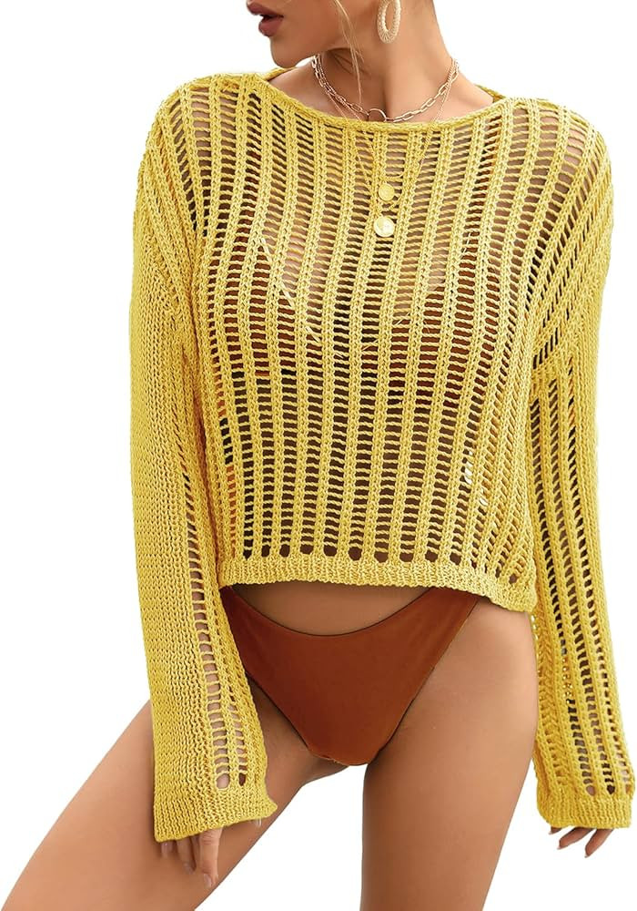 Youuxooa Crochet Cover Up for Women Swimwear Tunic Dress Long Sleeve O Neck Beachwear | Amazon (CA)