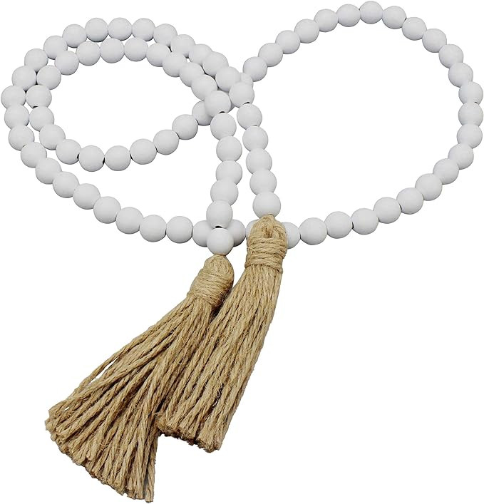 CVHOMEDECO. Wood Beads Garland with Tassels Farmhouse Rustic Wooden Prayer Bead String Wall Hangi... | Amazon (US)
