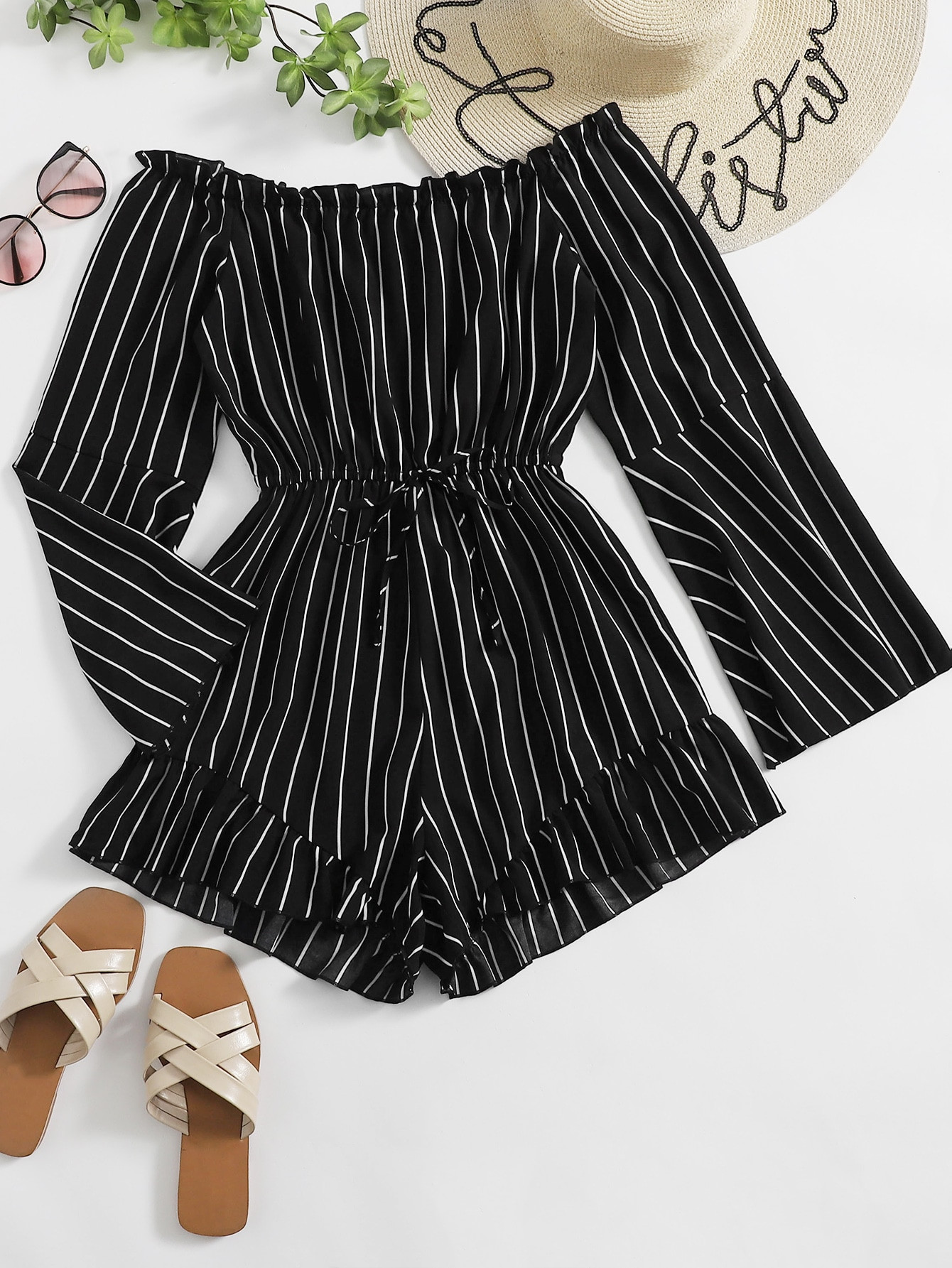 SHEIN VCAY Striped Print Frill Trim Tie Front Bardot Romper | SHEIN