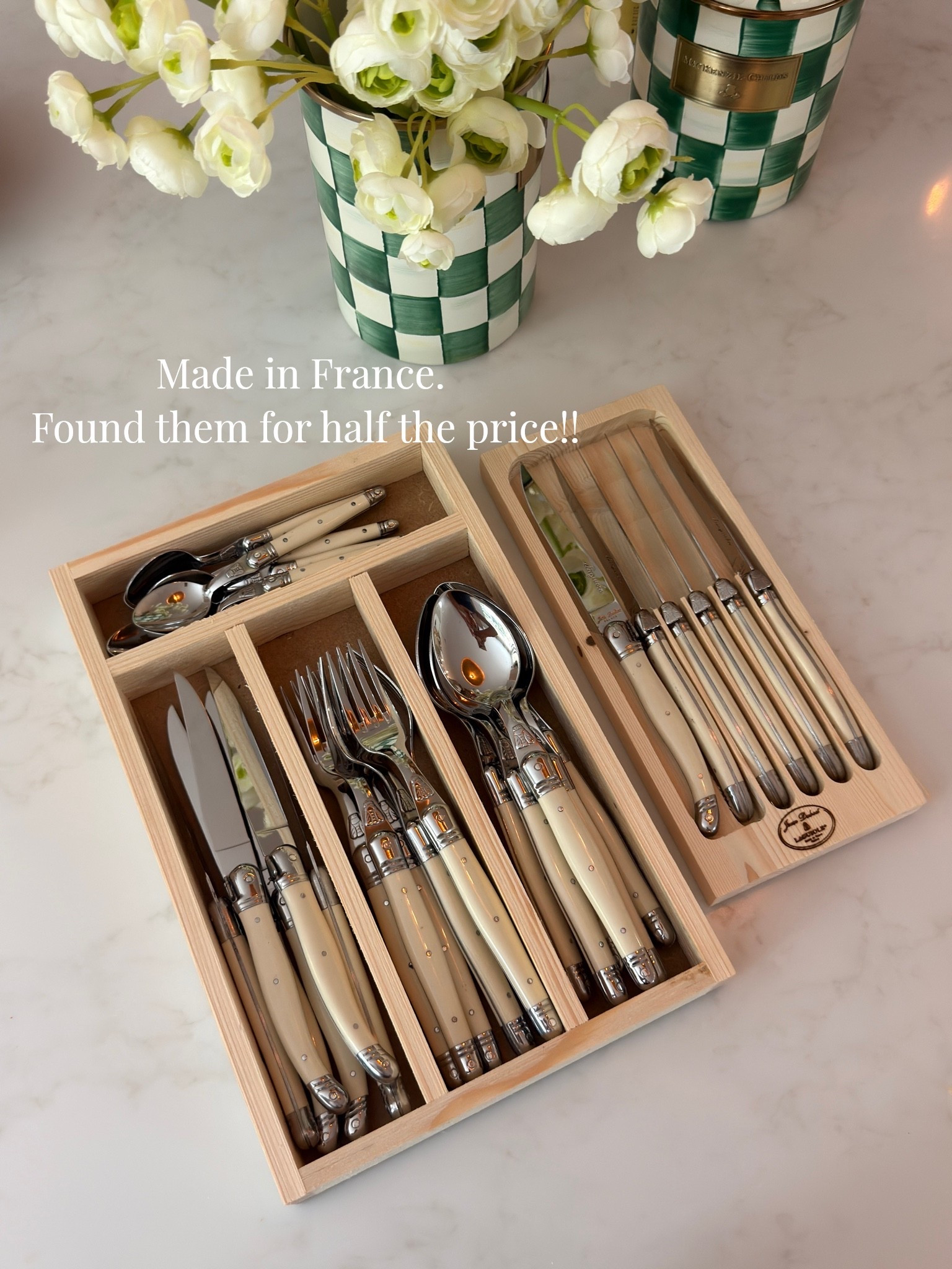 Kitchen must haves 

AMAZING quality!
I love these silverware. They came with the certification so I know they are the real deal.

Jean Dubost Laguiole 24 Piece Flatware Set

Jean Dubost Laguiole Steak Knives (Set of 6)