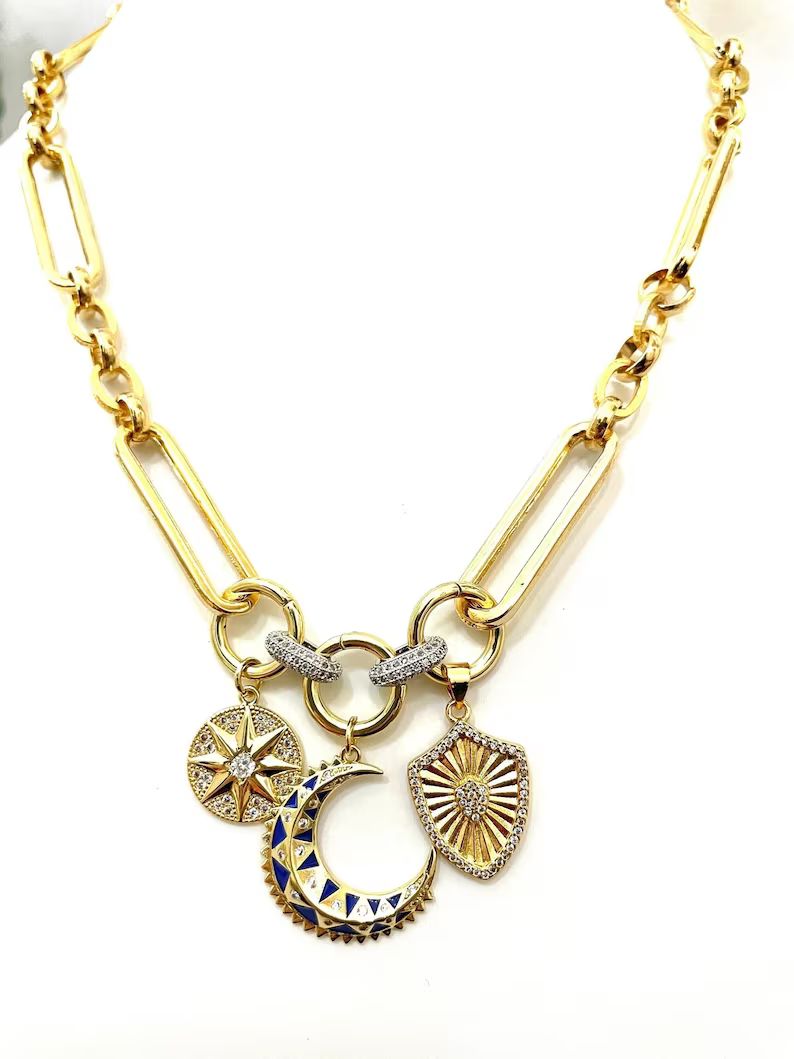 Gold Extended Clip Custom Charm Necklace Enamel Moon Shield - Etsy | Etsy (US)