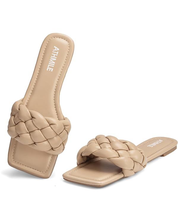ATHMILE Braided Womens Sandals Square Open Toe Fashion Slide Sandals Women Dressy Summer Flat Bea... | Amazon (US)