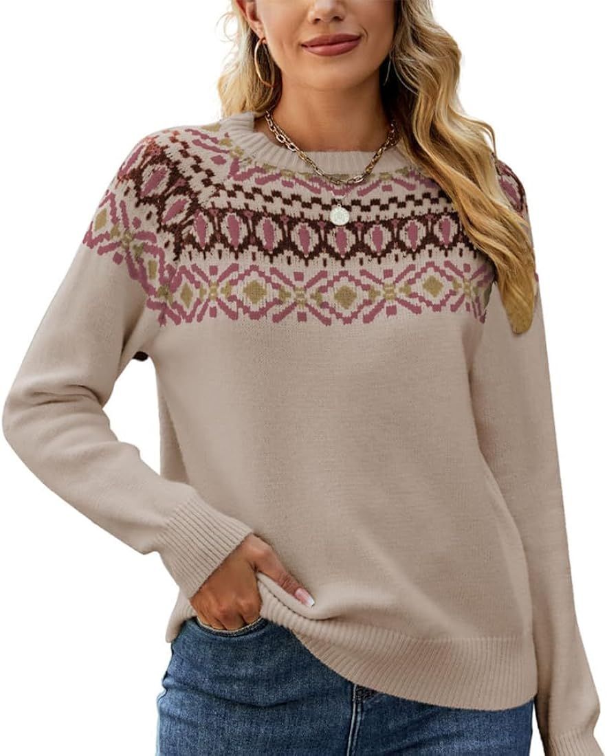 PORCLAY Fair Isle Sweater Women Fall Vintage Sweater Nordic Style Jumper Casual Loose Thick Needl... | Amazon (US)