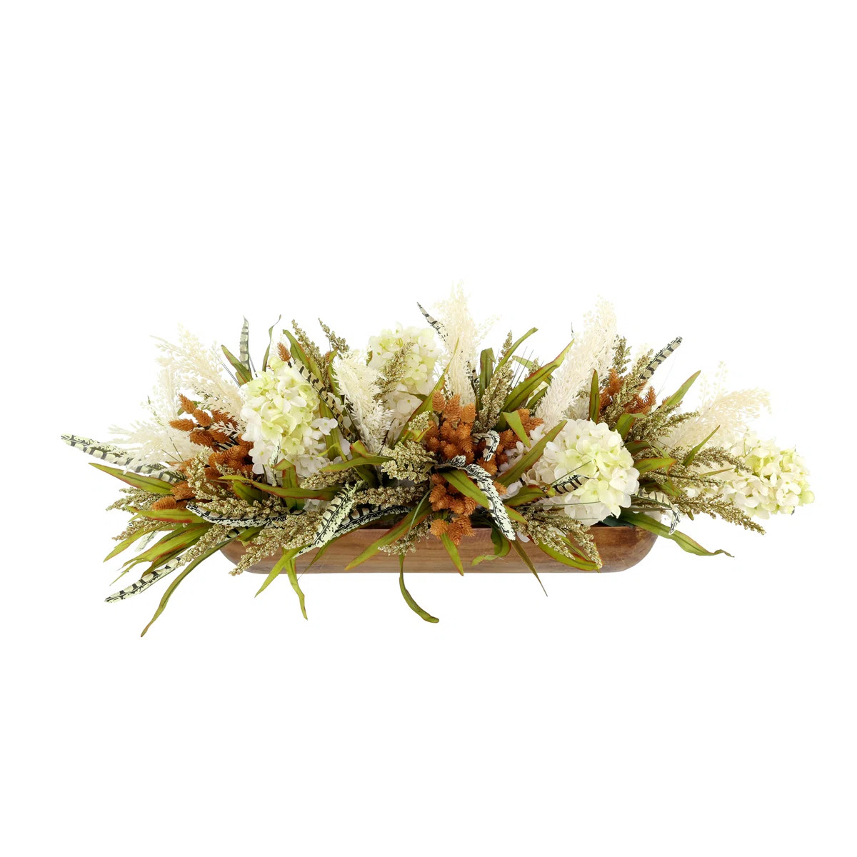 Fall Centerpiece with Hydrangeas and Pampas in a Wood Planter | Wayfair North America