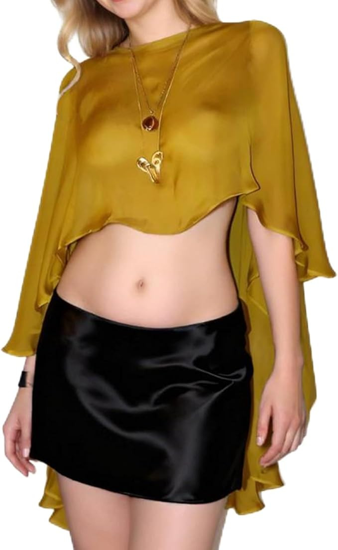 Women Chiffon Capelets Sheer Mesh Shawl Wraps Asymmetrical Ruffle Hem Flowy Poncho Top for Evenin... | Amazon (US)