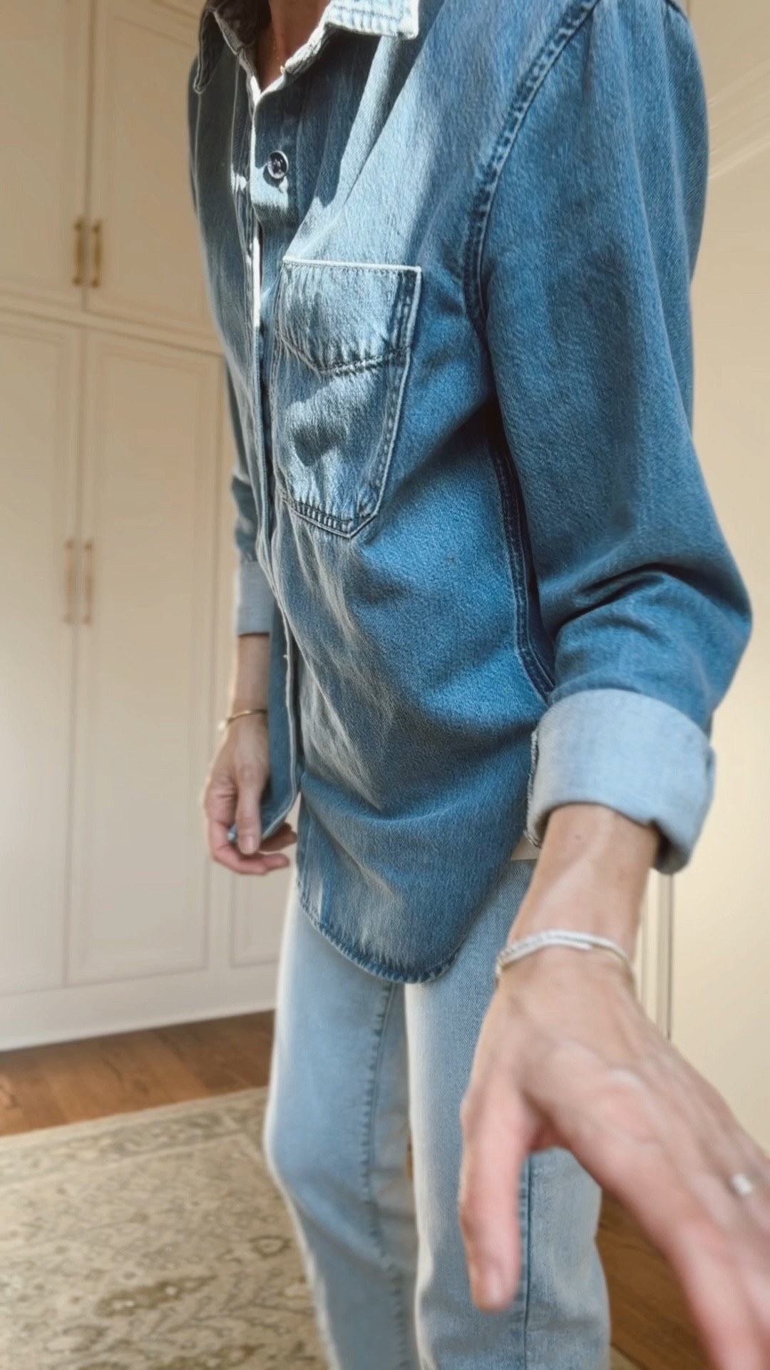 I always size up one in these jeans. Wearing the 4. Xs in the button down 