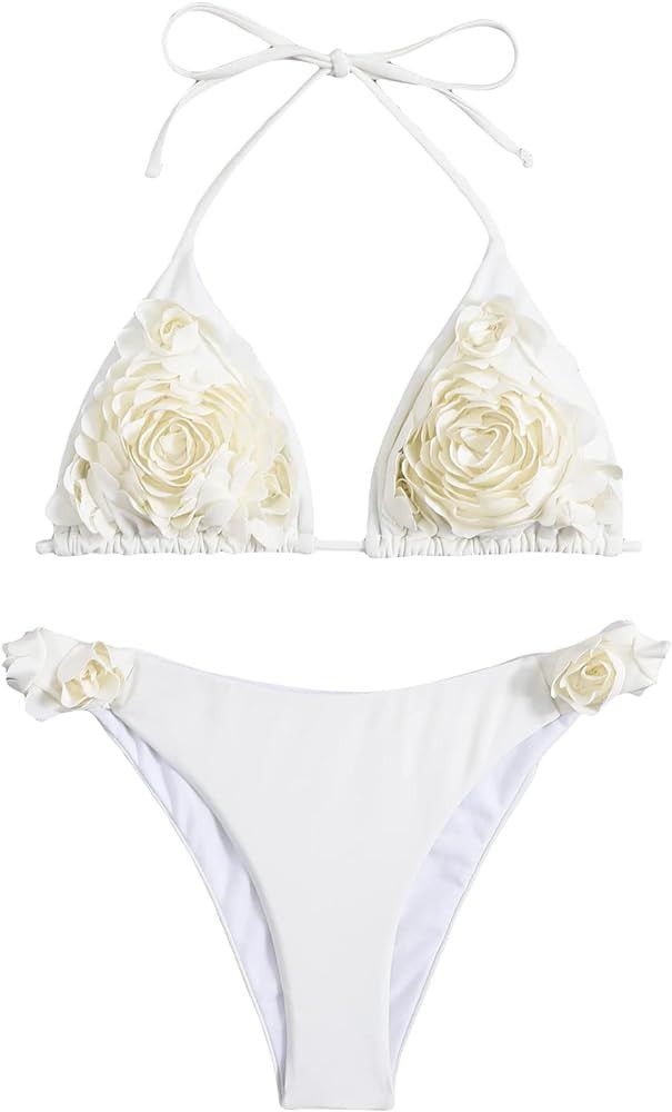 OYOANGLE Women's 2 Piece Sexy Tie Halter String Triangle Bikini Sets Floral Swimsuit | Amazon (US)