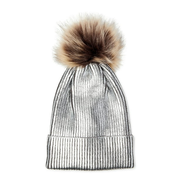 Scoop Women's Metallic Beanie Hat with Faux Fur Pom | Walmart (US)