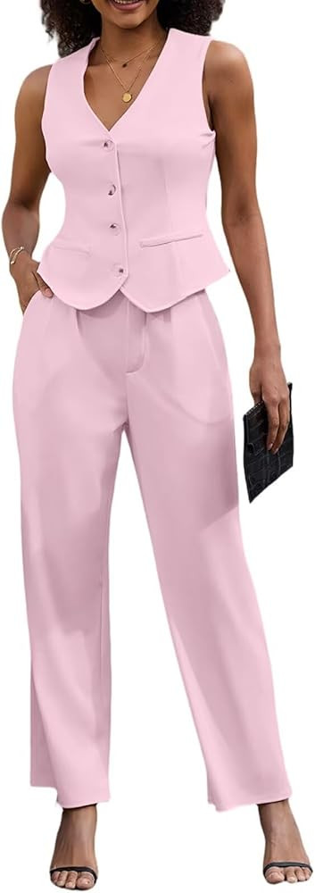 Women's 2 Piece Outfits Elegant Blazer Vest Pockets Wide Leg Pant Suit Casual Matching Set | Amazon (US)