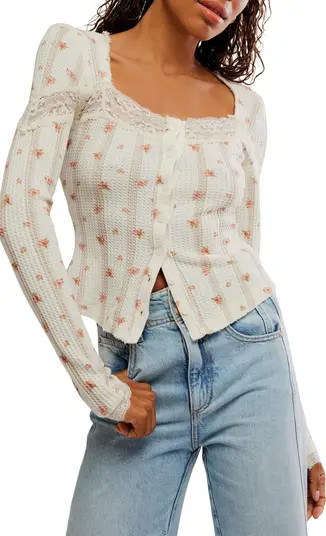 Free People Let's Party Floral Lace Trim Cotton Waffle Knit Button-Up Top | Nordstrom | Nordstrom