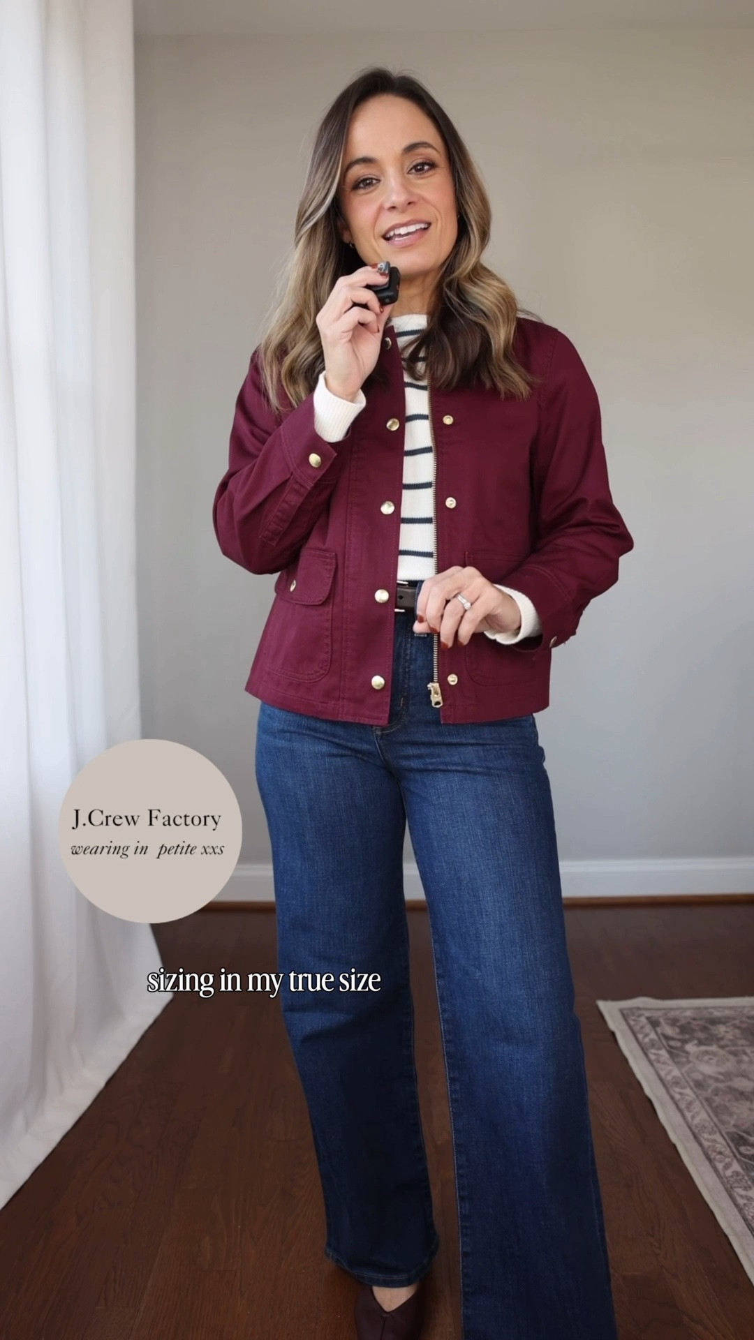 But this one has a true petite fit with perfect sleeve length. A little lighter in weight if you compare it to the Madewell one. 

Jacket: petite xxs 
Sweater: xxs 
Jeans: petite 24

#LTKPetite