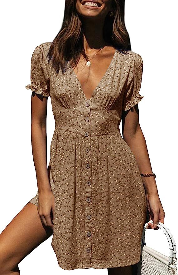 Women's V Neck Short Sleeve Floral Dress Button Down Boho Short Dress with Pockets | Amazon (US)