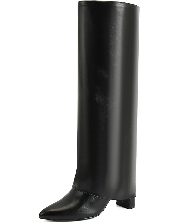 Putu Fold Over Boots for Women Knee High Boots Chunky High Heel Tall Boots with Pointed Toe | Amazon (US)