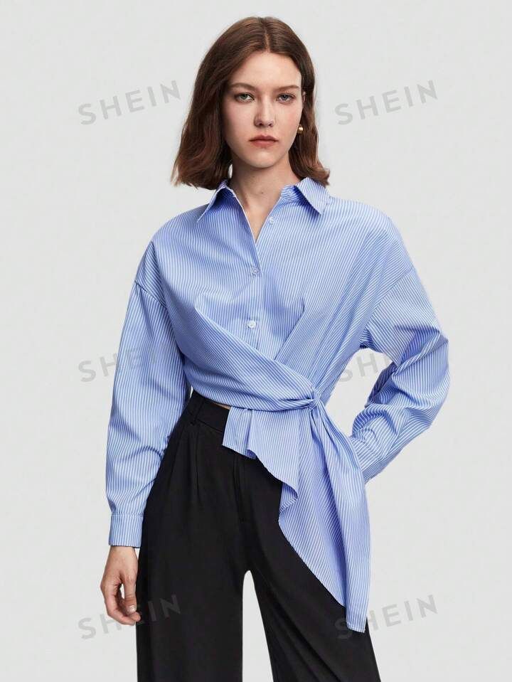 SHEIN BIZwear Solid Drop Shoulder Asymmetrical Hem Shirt | SHEIN USA | SHEIN