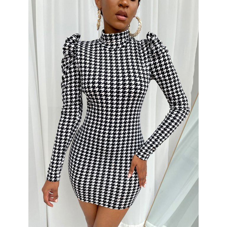 Women's Houndstooth Print Puff Sleeve Bodycon Dress 51112W130275 | Walmart (US)