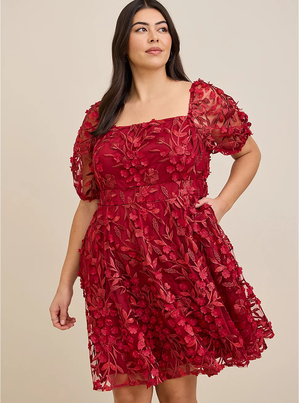 Mini Textured Mesh Puff Sleeve Skater Dress | Torrid (US & Canada)