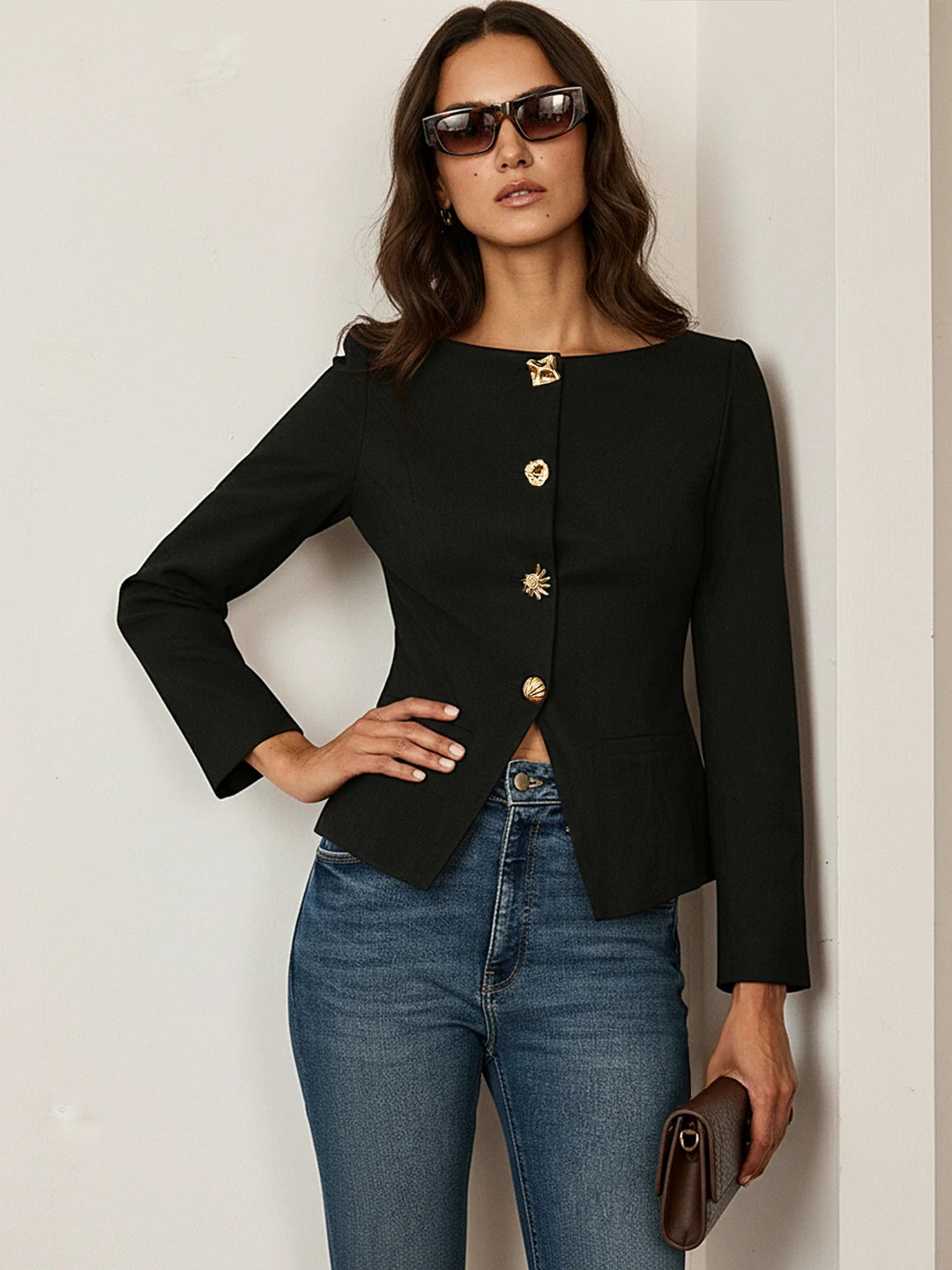 Suede Effect Fitted Metal Button Jacket | Commense