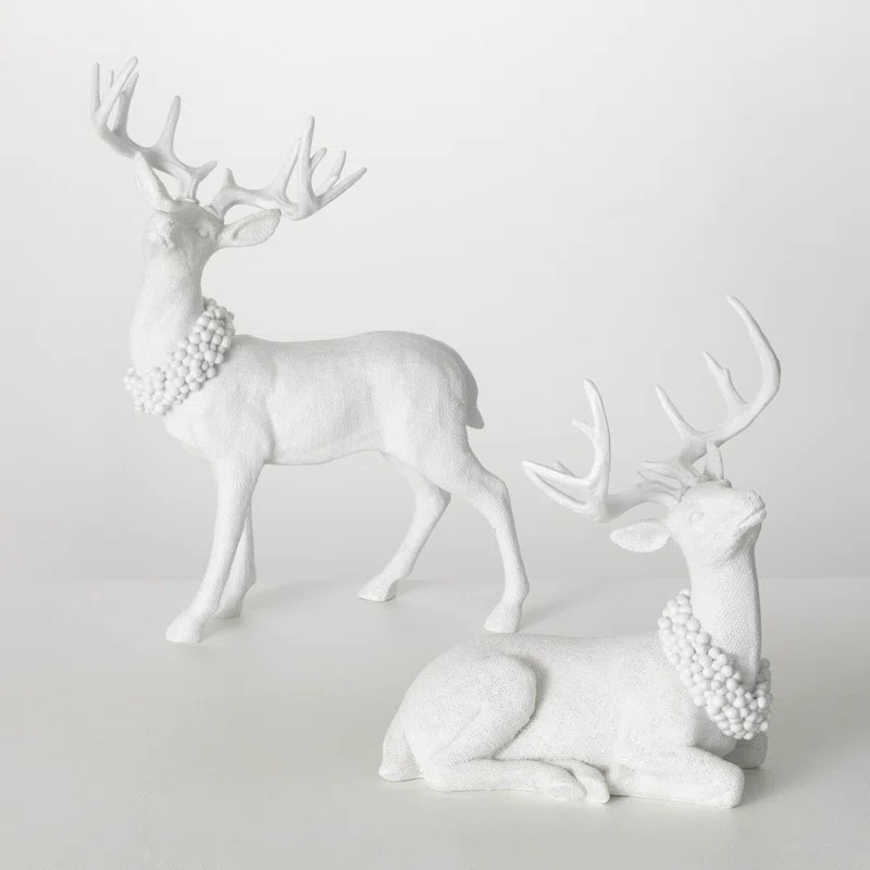 15.5" & 20" Christmas Frosted Deer Figurine Set of 2, White | Wayfair North America