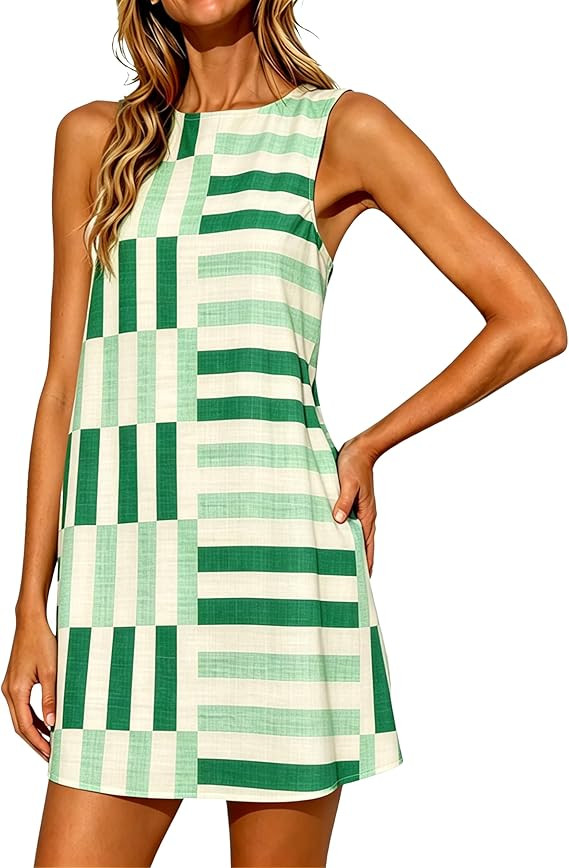 Women's Summer Boho A-Line Mini Dress Sleeveless Color Block Sundress Casual Beach Coverup Dress | Amazon (US)