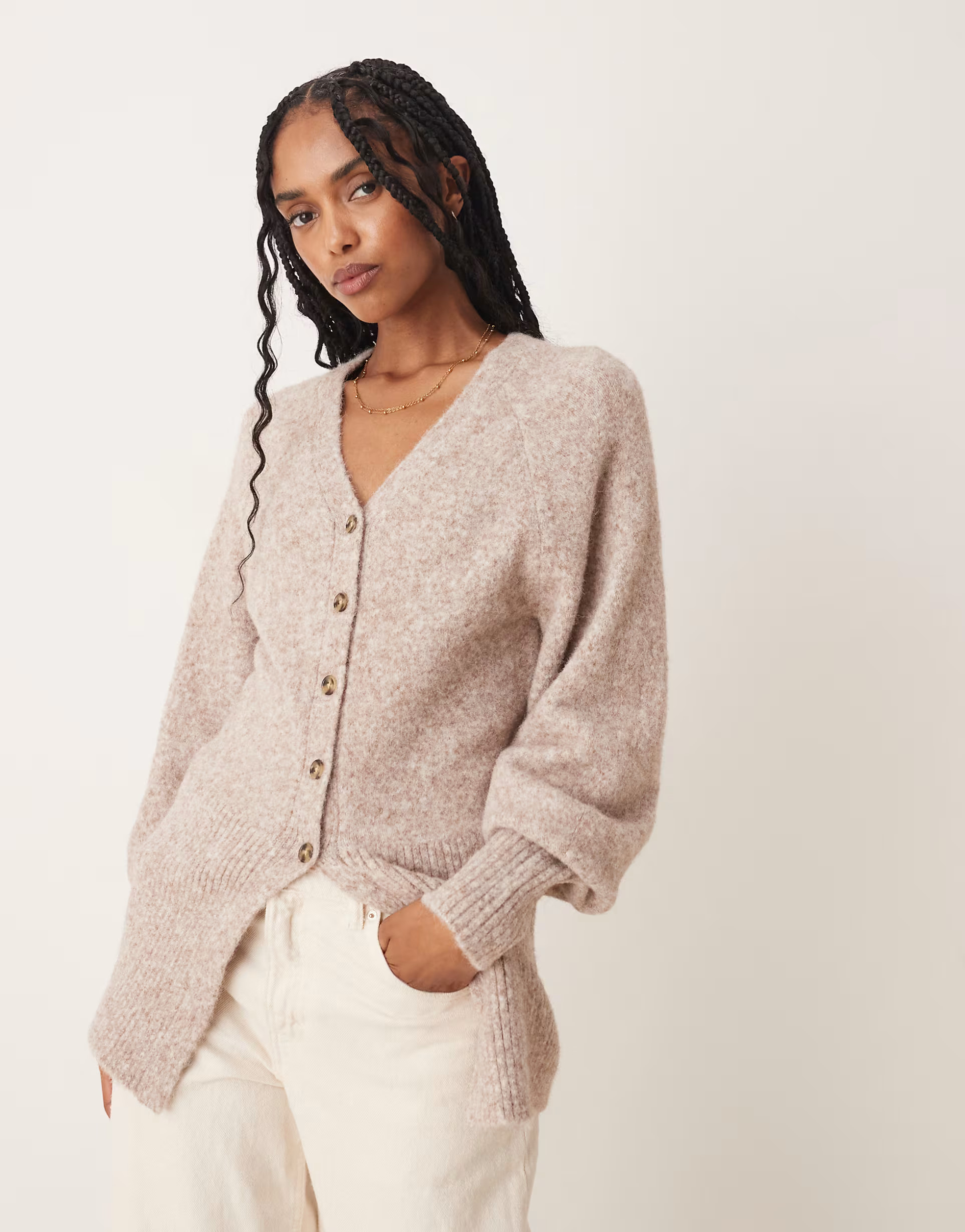 ASOS DESIGN V-neck longline cardigan with waist detail in fluffy yarn in oatmeal | ASOS (Global)