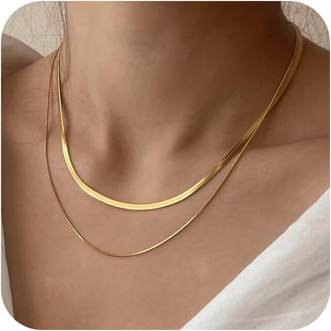Tewiky Layered Necklaces for Women Non Tarnish- Chunky 14k Gold Plated Herringbone/Snake/Rope/Box... | Amazon (US)