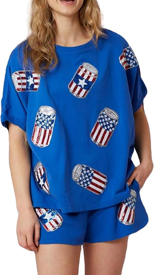 Women Independence Day Shorts Set Sequin American Flag Short Sleeve T Shirt 4th of July Patriotic... | Amazon (US)