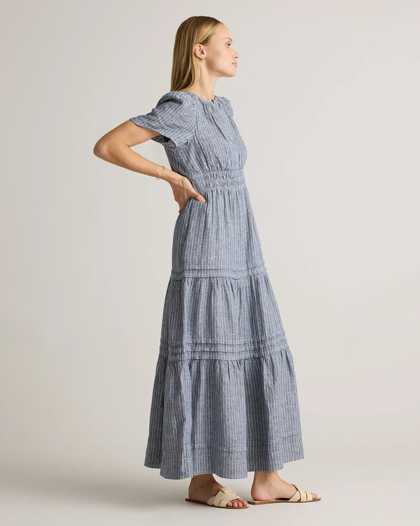 100% European Linen Tiered Maxi Dress in Chambray Stripe | Quince