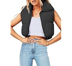 MEROKEETY Women's Crop Puffer Vest Lightweight Stand Collar Sleeveless Zip Up Padded Gilet Coat,Khak | Amazon (US)