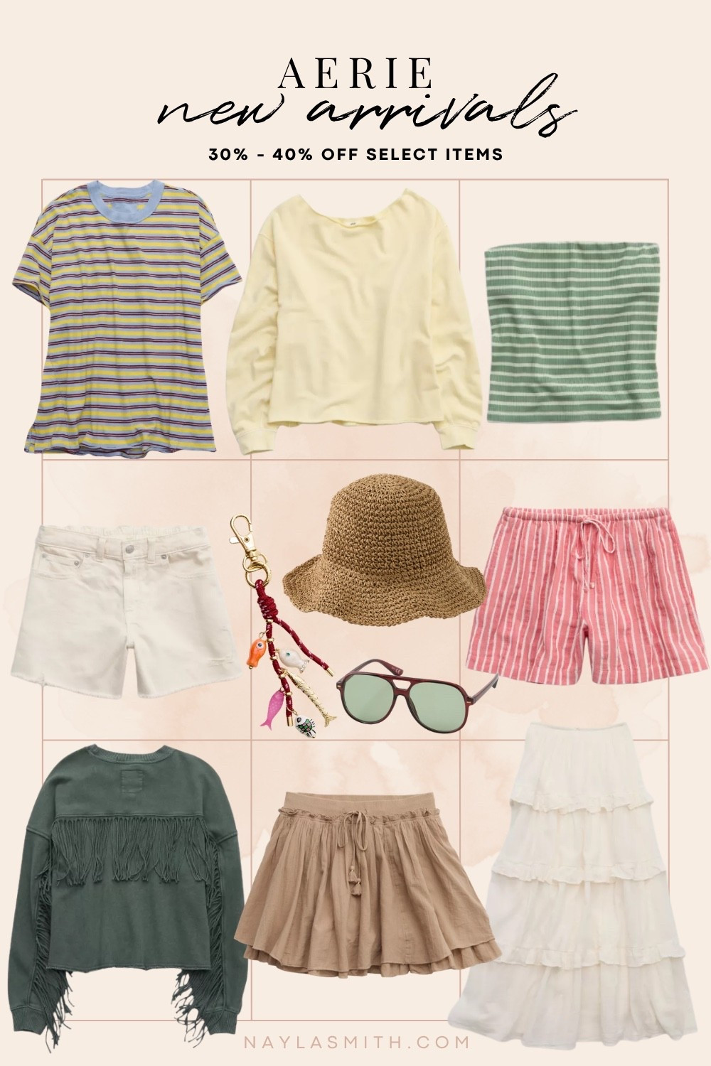 Aerie new spring & summer arrivals, most on sale! Striped tee, cream denim shorts, ruffle maxi skirt, fish bag charm, straw beach hat, butter yellow sweatshirt, tube top

#LTKsummer #LTKsale #LTKstyletip