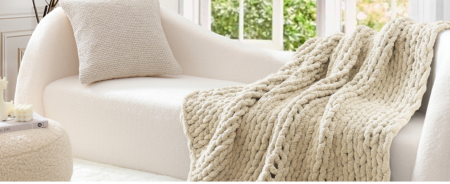 WRENSONGE Chunky Knit Blanket Throw Beige Large Soft Fluffy Cable Knit Crochet Throw 100% Hand Kn... | Amazon (US)