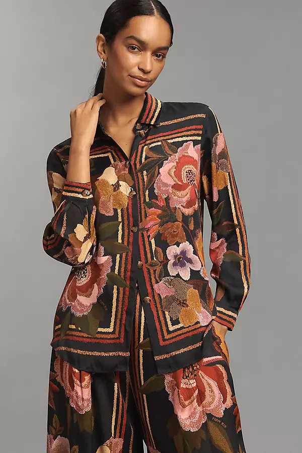 Farm Rio Chenille Flowers Long-Sleeve Buttondown Blouse | Anthropologie (US)