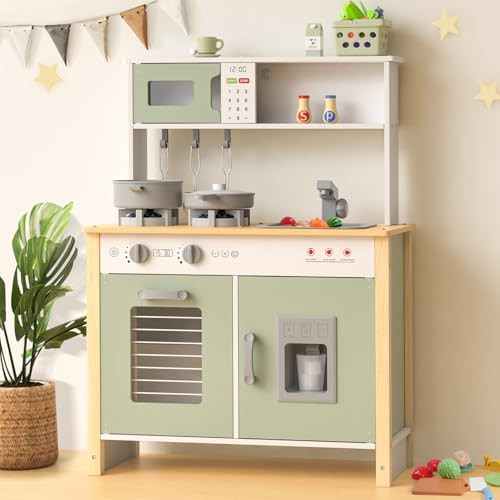 Babytronic Kids Play Kitchen, Wooden Kitchen Playset for Kids Ages 3+ with Real Lights, Sounds, Stove, Sink, Oven, and 30 Pcs Accessories, Toys Kitchen Small Pretend Play Kitchen for Toddlers (Green) | Amazon (US)