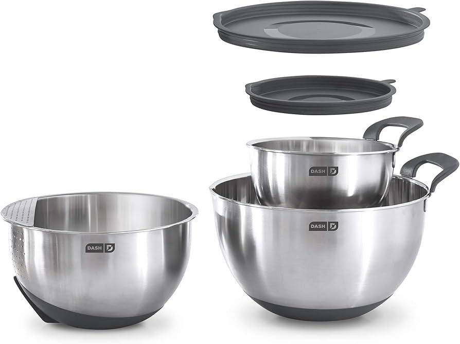 DASH Stainless Steel Mixing Bowls with Lids, Silicone Non-Slip Base with Measuring Lines and Stra... | Amazon (US)