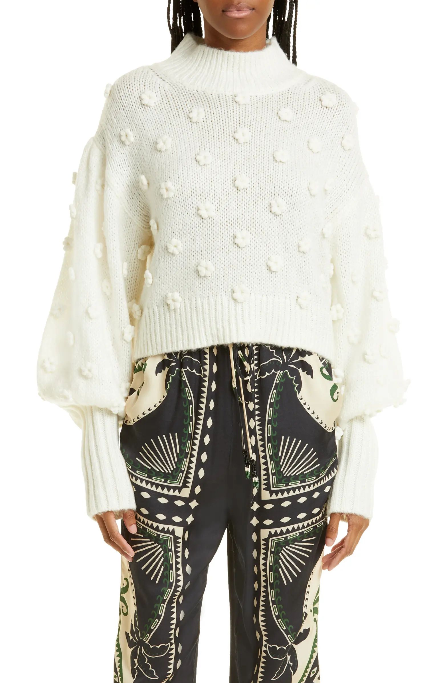 FARM Rio Embellished Flowers Balloon Sleeve Mock Neck Sweater | Nordstrom | Nordstrom